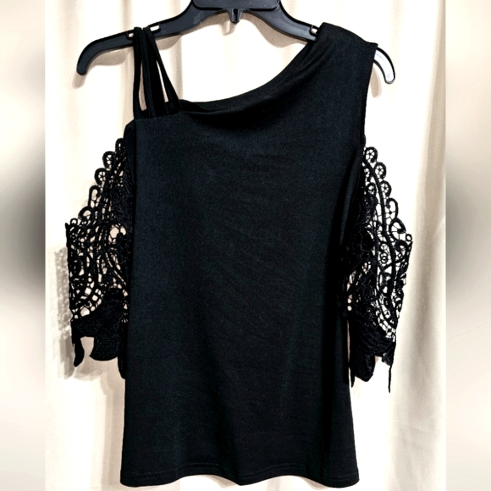 Elegant Black Cold Shoulder Lace Sleeve Women's Top